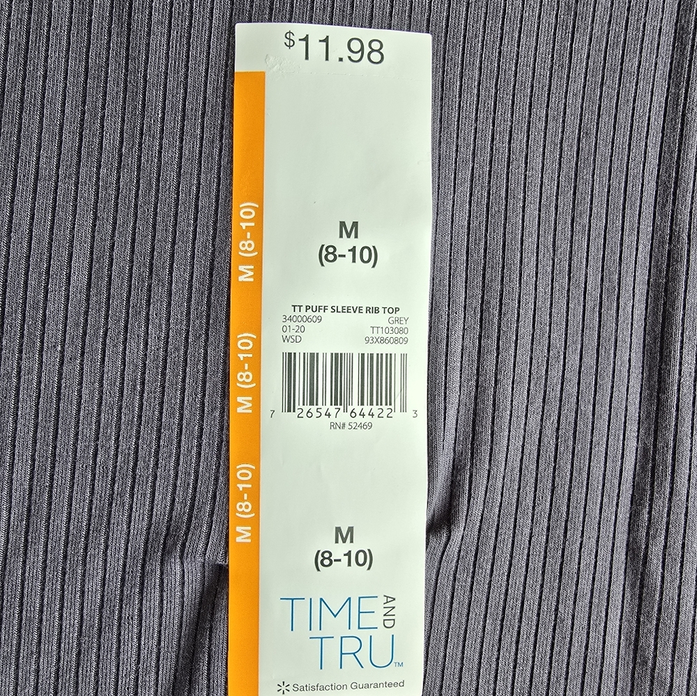 Time and Tru Puff Sleeve Rib Top.  Size Medium.  New without Tags.  Grey - Picture 2 of 6
